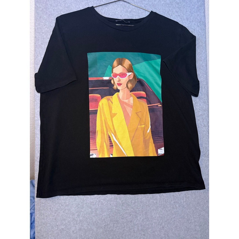 Zara Woman Graphic T-Shirt Black Pop Art Yellow Blazer Pink Sunglasses XL
